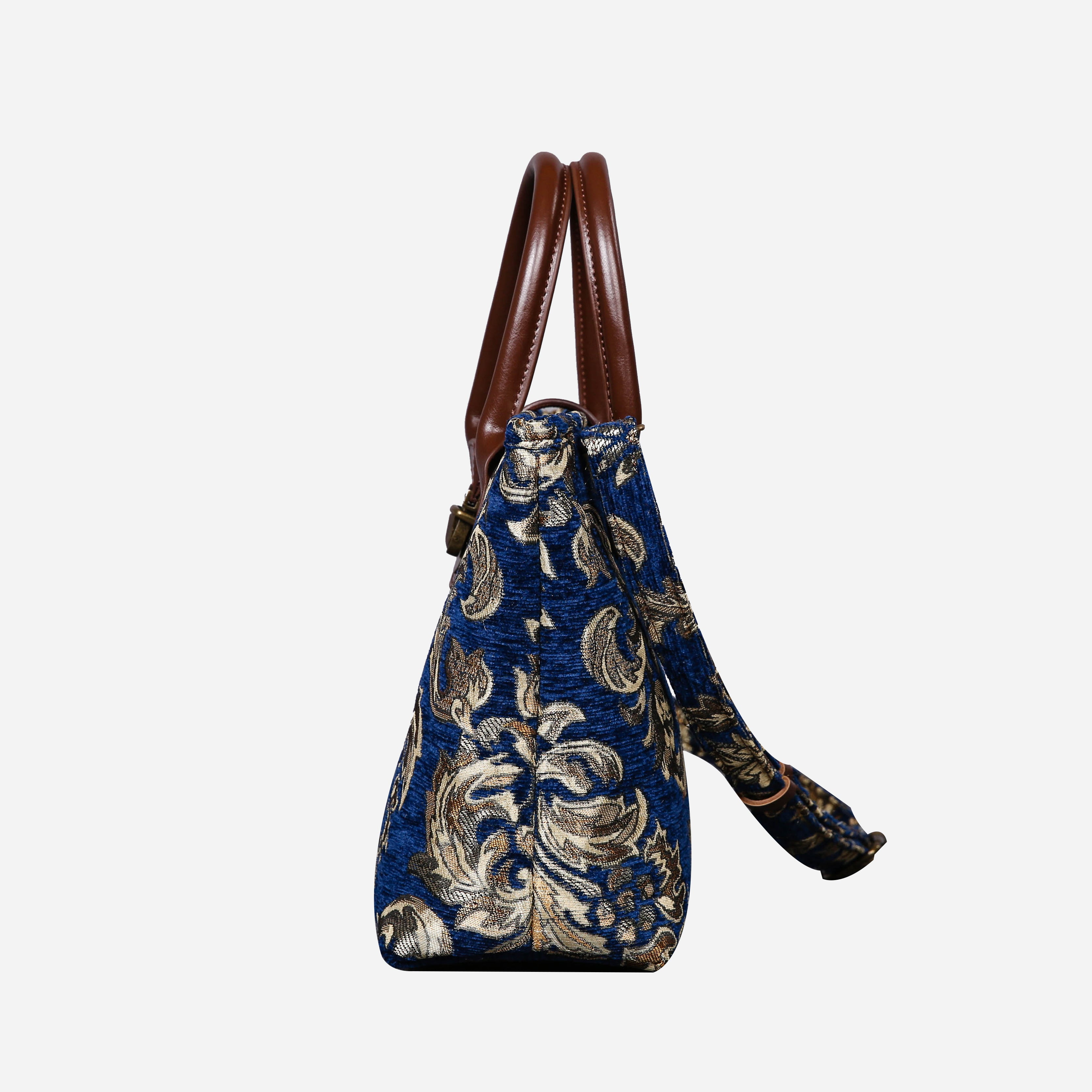 Victorian Blossom BLUE-GOLD Tuck Lock Carpet Satchel carpet bag MCW Handmade of America side