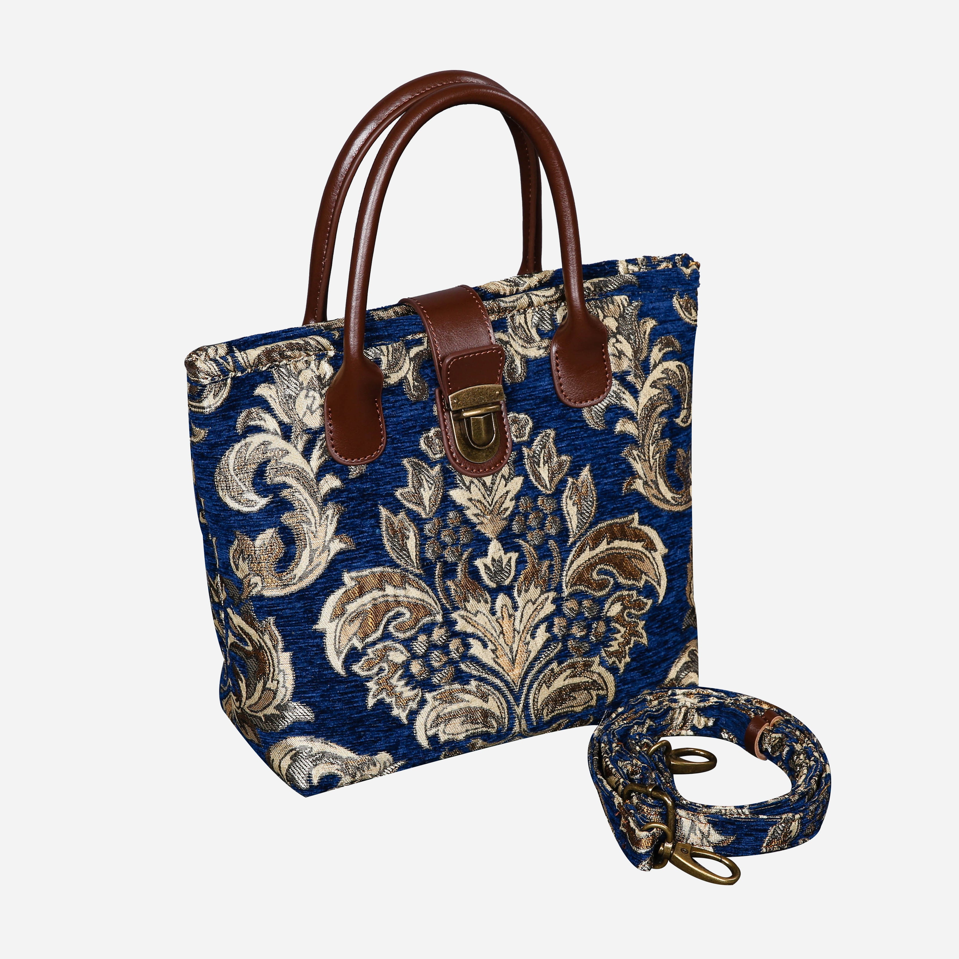 Victorian Blossom BLUE-GOLD Tuck Lock Carpet Satchel carpet bag MCW Handmade of America with strap