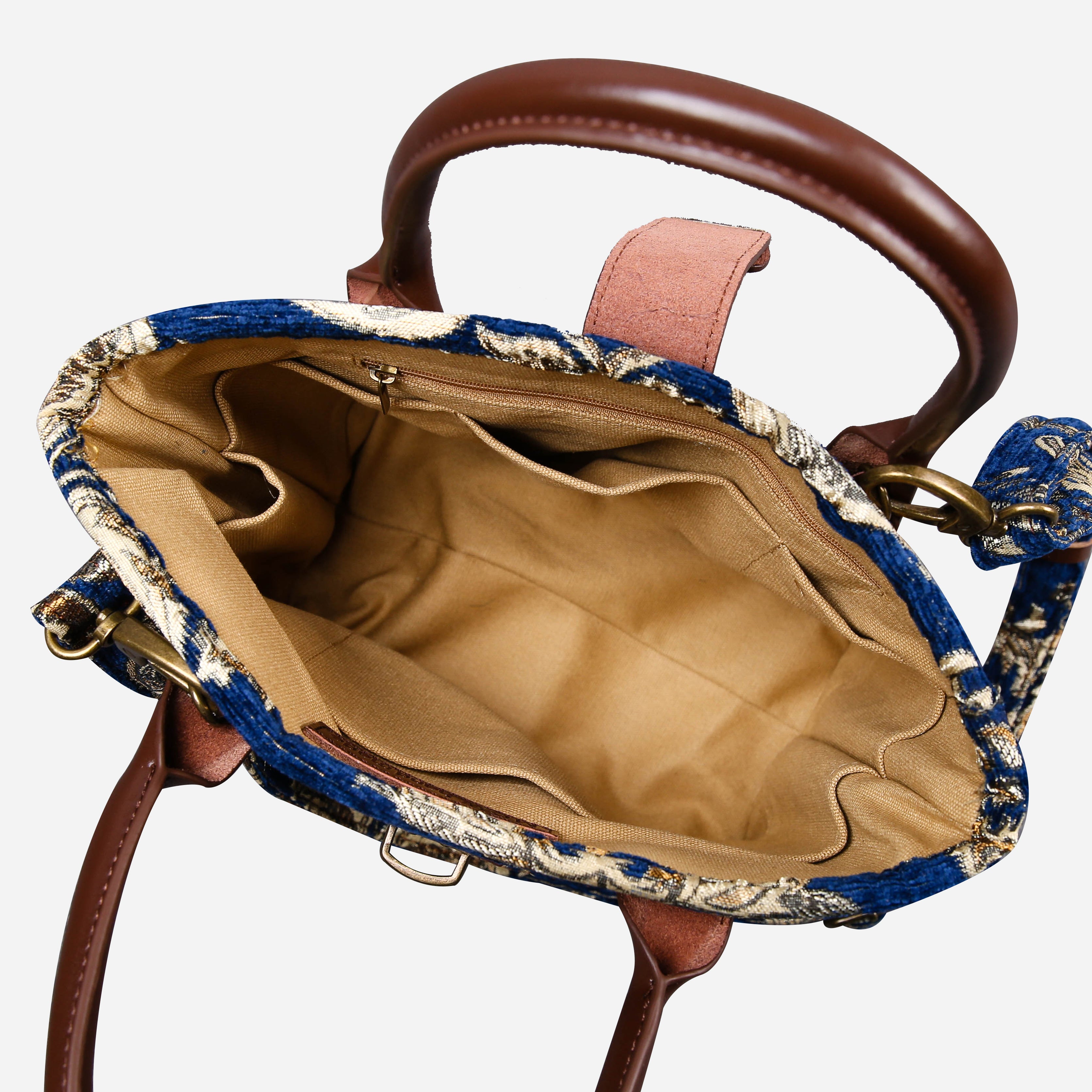 Victorian Blossom BLUE-GOLD Tuck Lock Carpet Satchel carpet bag MCW Handmade of America inside
