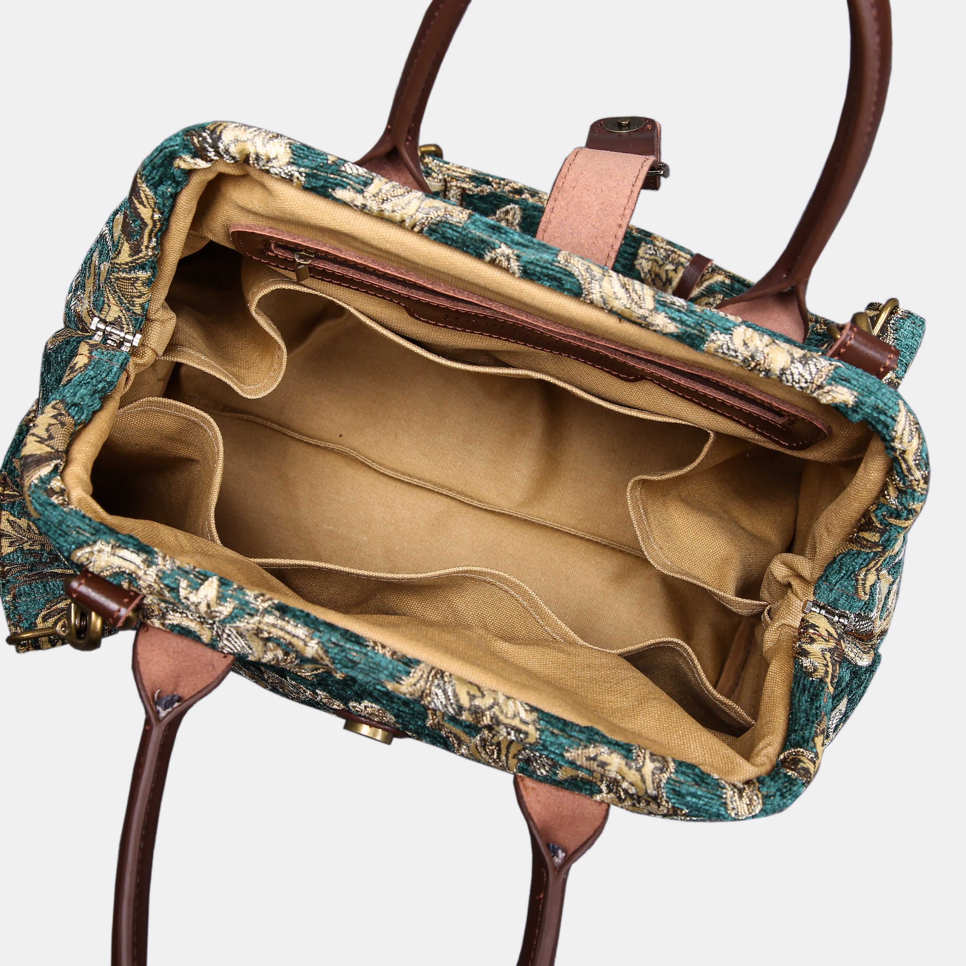 Victorian Blossom Green/Gold Carpet Handbag Purse carpet bag MCW Handmade of America open