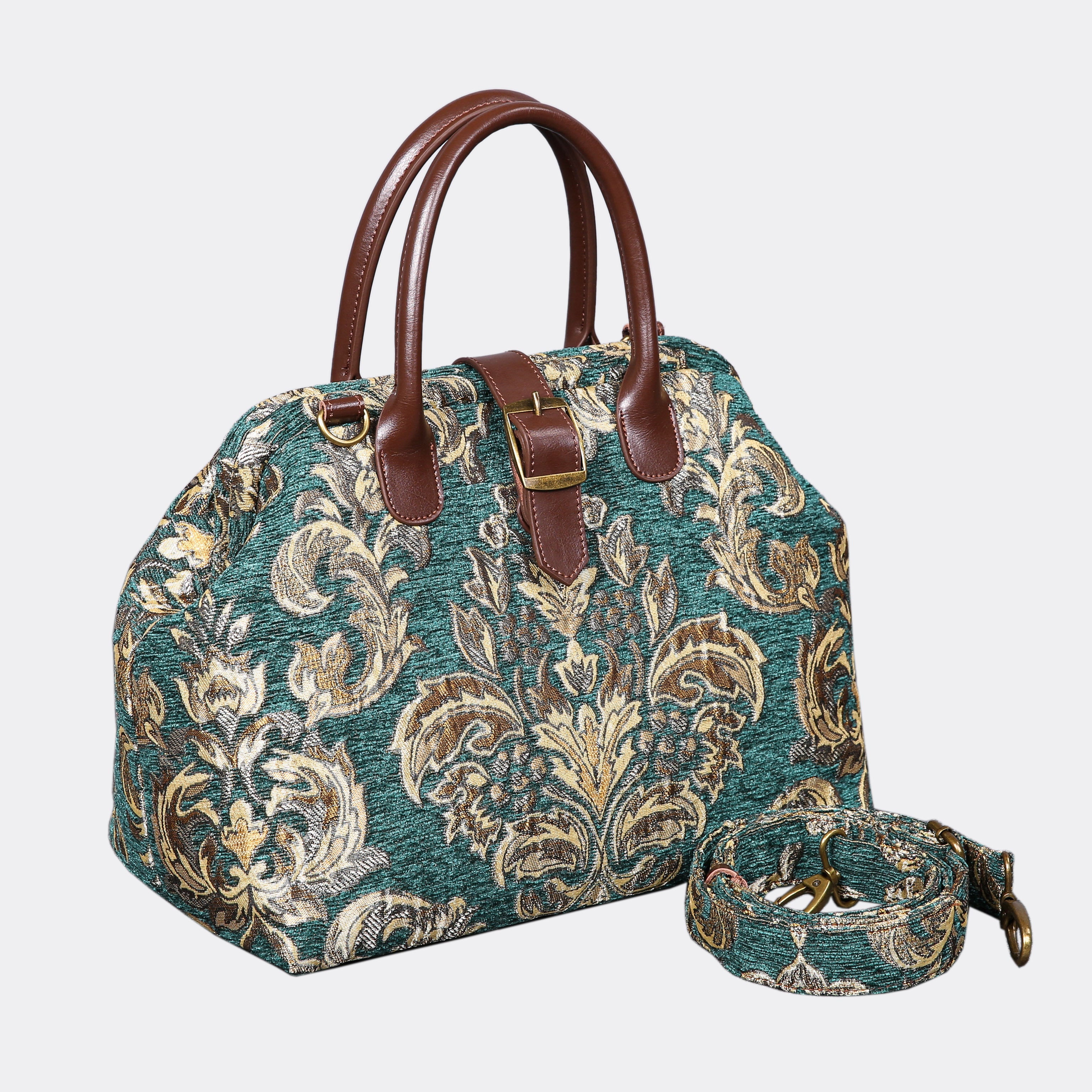 Victorian Blossom Green/Gold Carpet Handbag Purse carpet bag MCW Handmade of America with shoulder strap