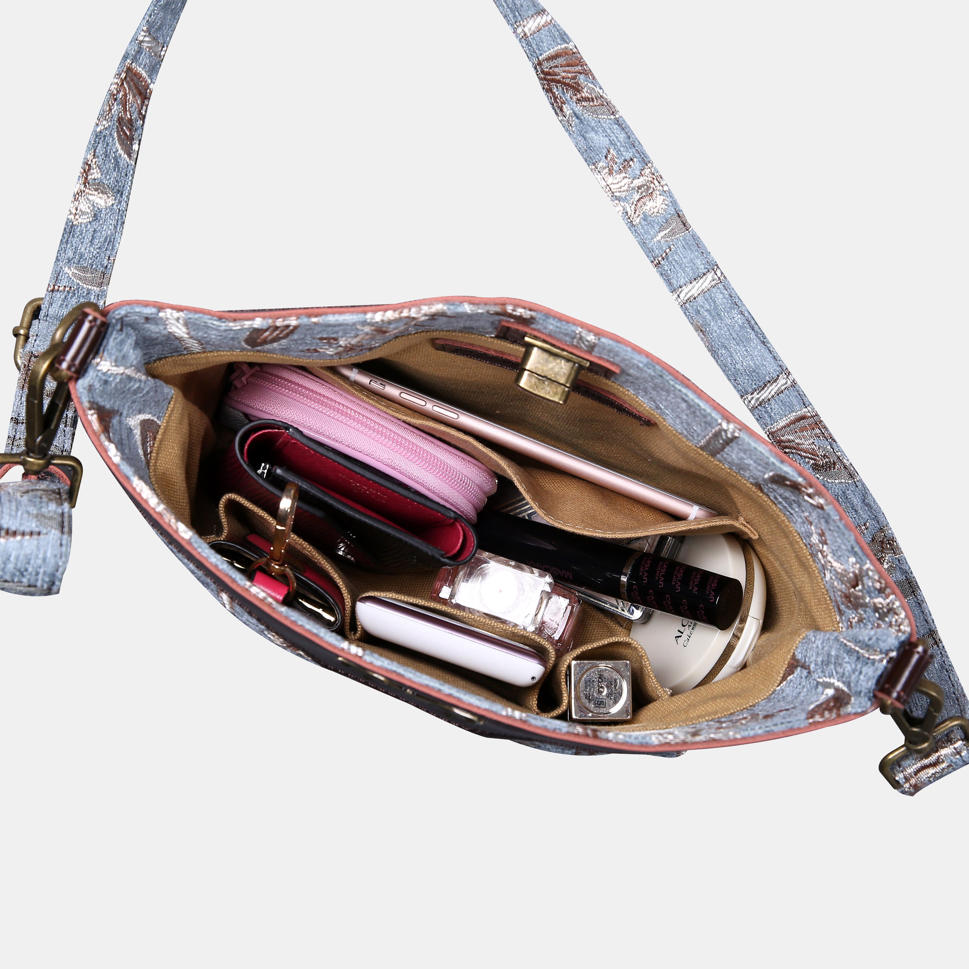 Victorian Strips Blue Carpet Crossbody Bag carpet bag MCW Handmade of America in use