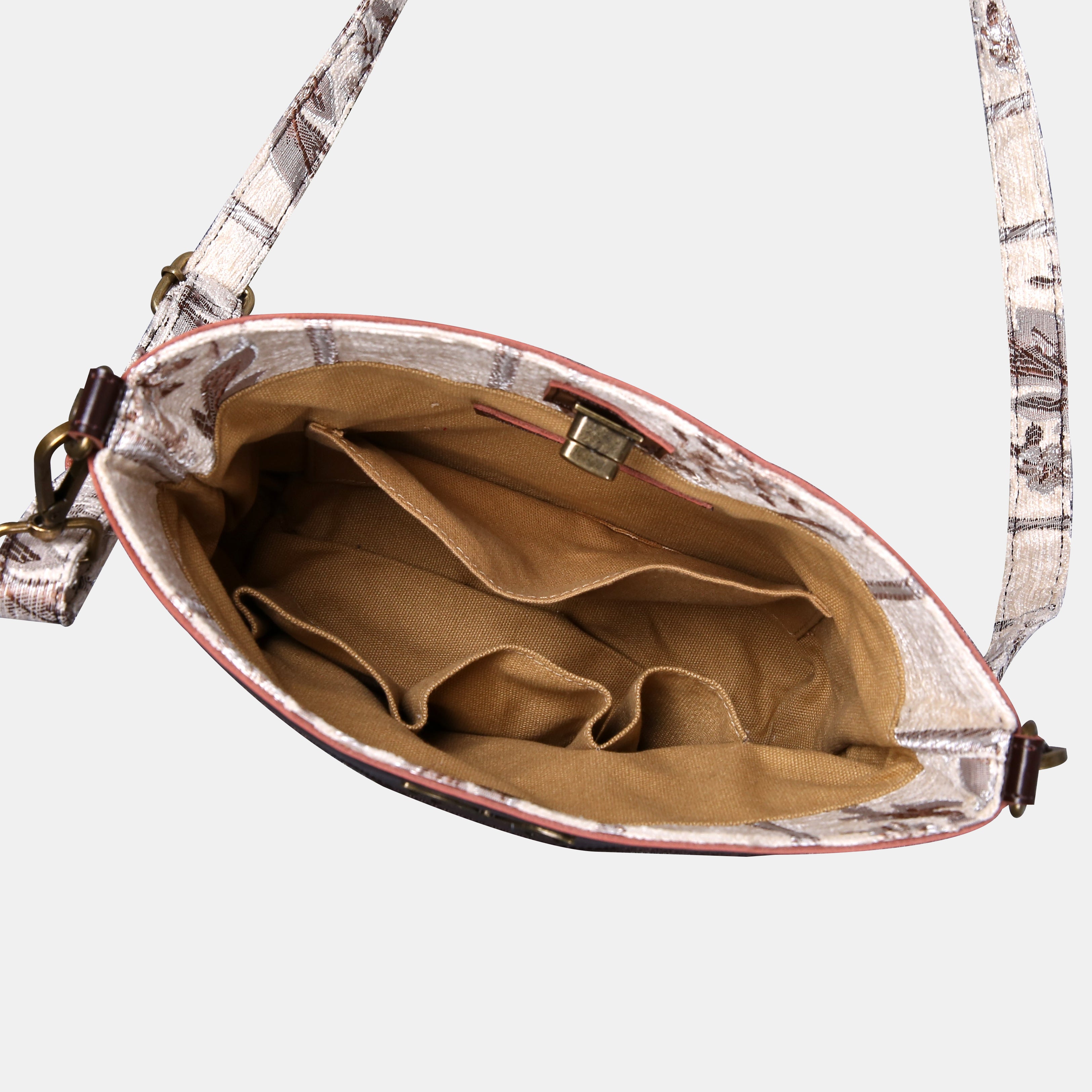 Victorian Strips Cream Carpet Crossbody Bag carpet bag MCW Handmade of America inside