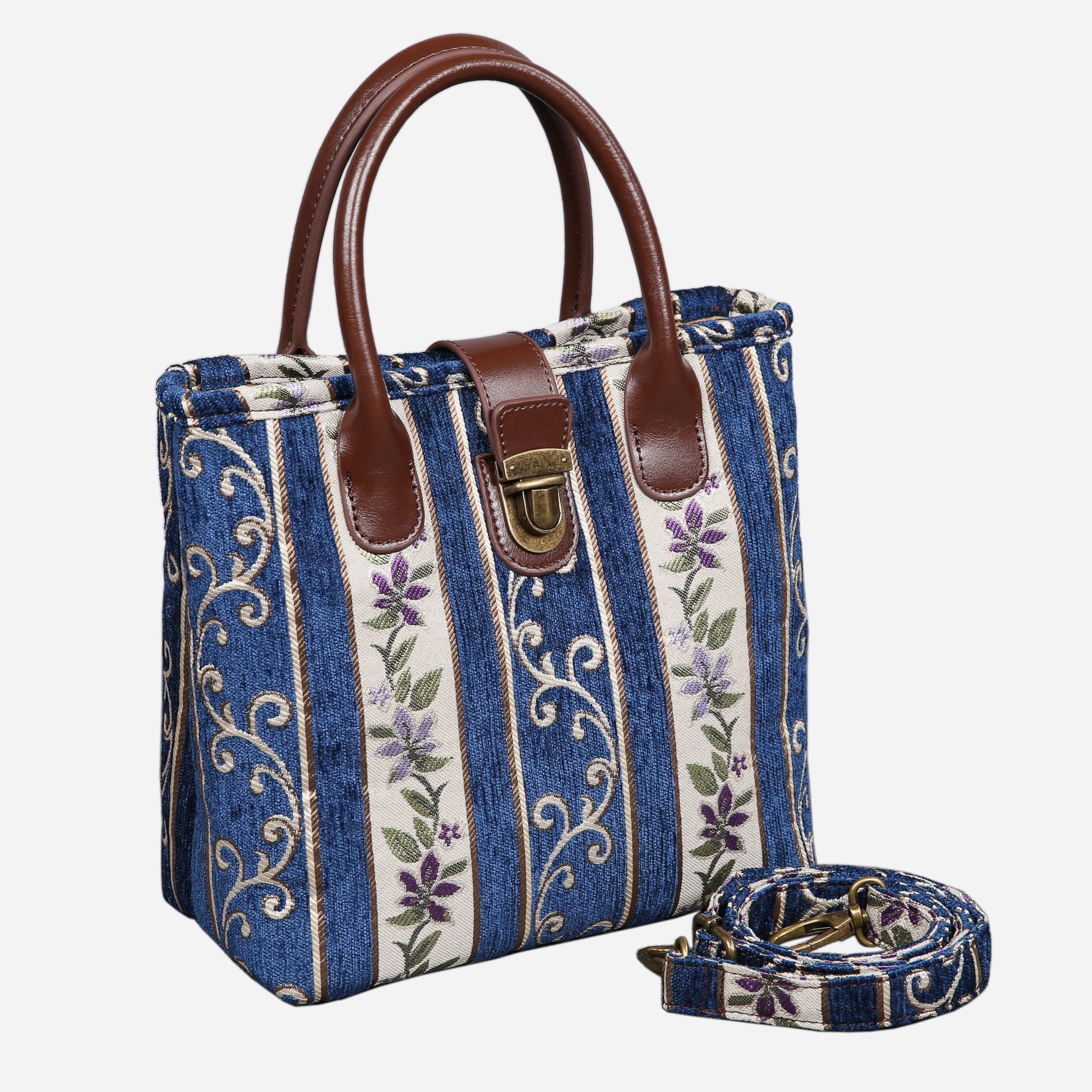 Strips Blue Tuck Lock Carpet Satchel carpet bag MCW Handmade of America with strap