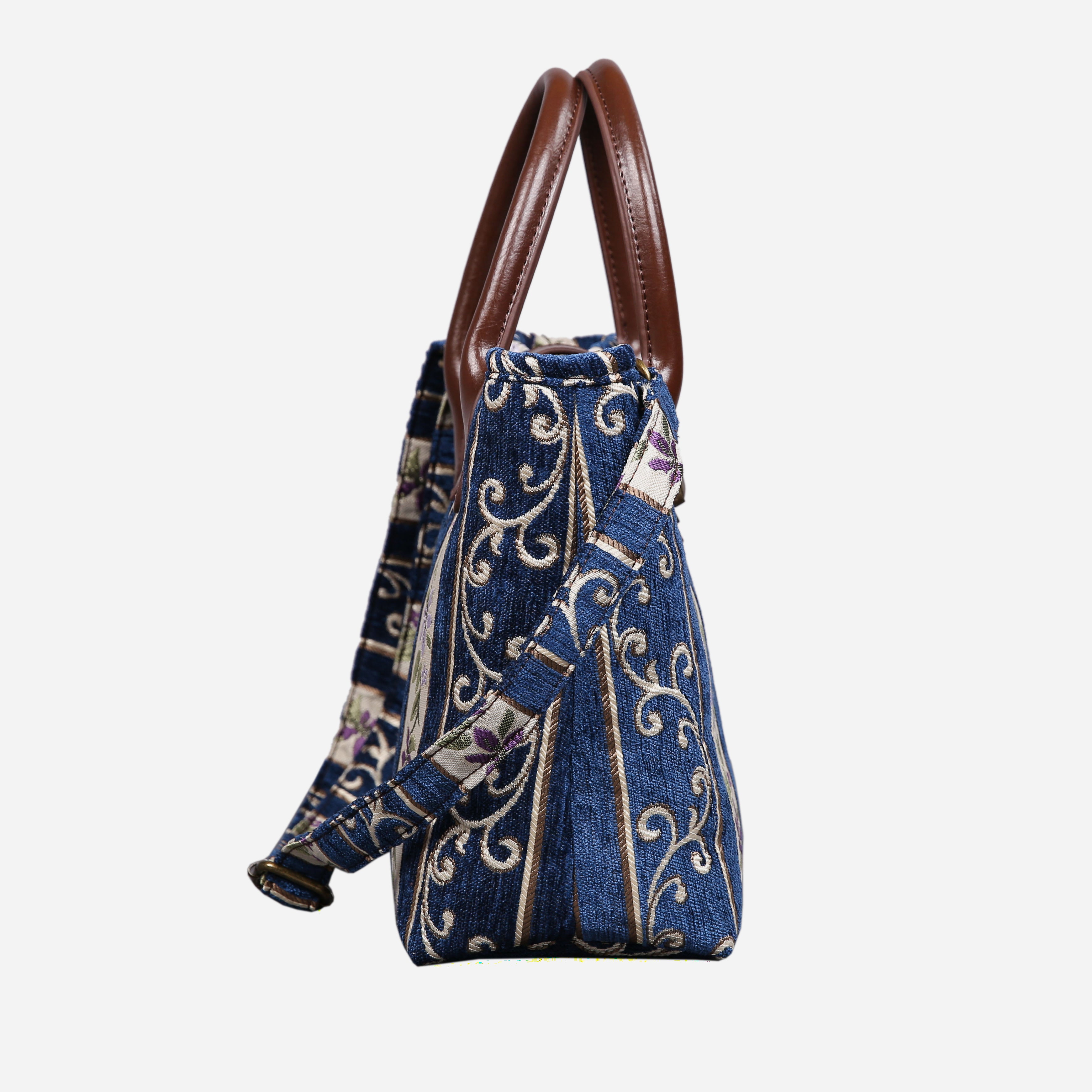 Strips Blue Tuck Lock Carpet Satchel carpet bag MCW Handmade of America side
