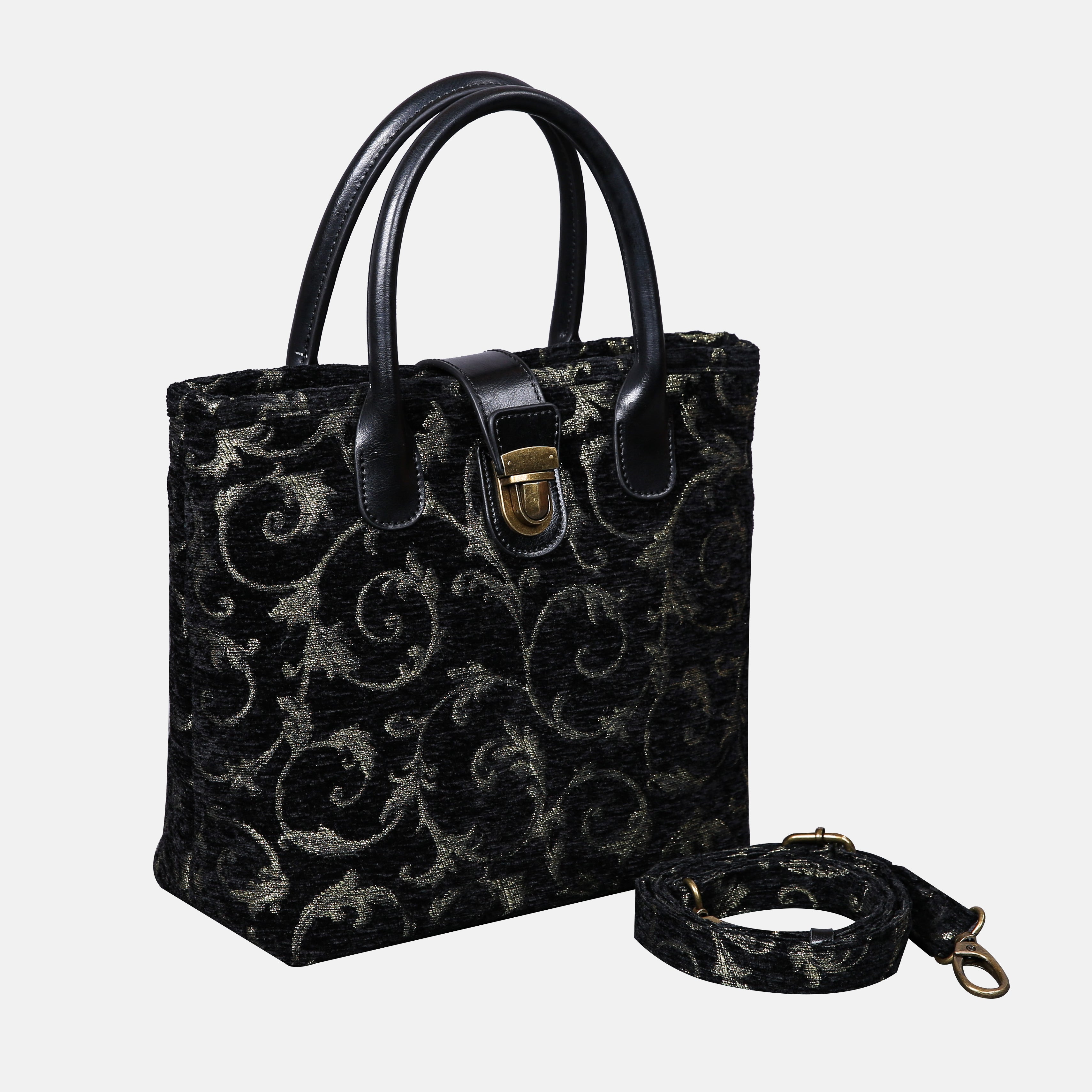 Swirls Black/Green Tuck Lock Carpet Satchel carpet bag MCW Handmade of America with strap